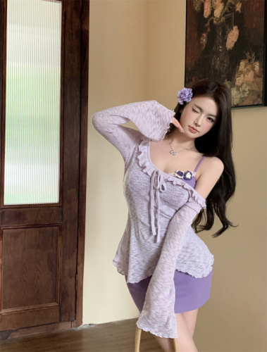 Real shot of sweet and spicy miu style suit skirt spring new purple sweet suspender dress women's hip skirt short skirt