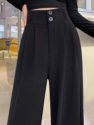 Gray high-end suit pants for women in spring, summer and autumn, loose straight-leg floor-length pants, high-waist drapey wide-leg pants, trendy