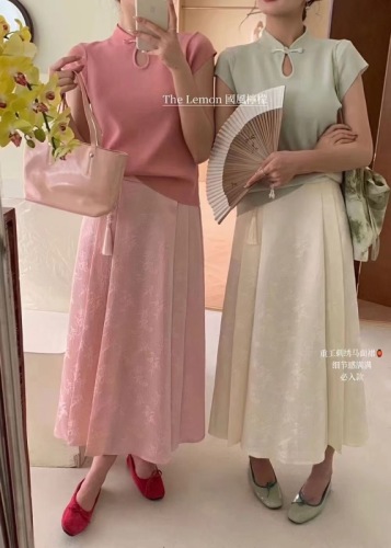 柠檬绿茶两件套装立领国风新中式短袖针织衫裙子