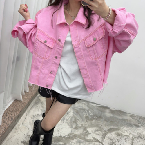 Embroidered bear pink denim jacket