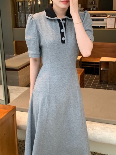 Actual shot Korean style simple casual polo collar contrasting color age-reducing waist slimming puff sleeve mid-length dress