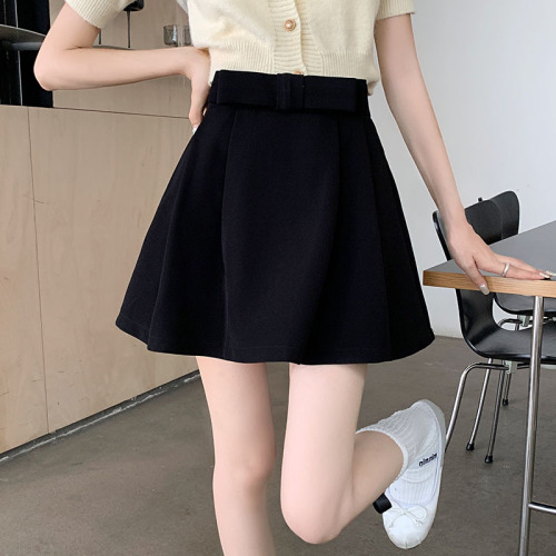 Real shot French bow sweet A-line skirt for women Korean casual high-waisted slim suit short skirt