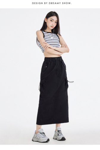 Real shot of Tencel cotton thin workwear drawstring skirt new slit casual mid-length skirt for women