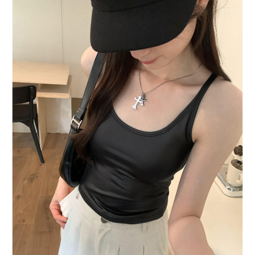 Real photos of hot girls American PU imitation leather sexy slim suspenders for women 2024 summer new style sleeveless vest