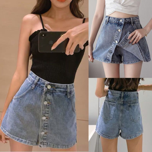 Jeans skirt shorts women's summer skirt high-waisted A-line short skirt loose-breasted and slim Korean version for small students