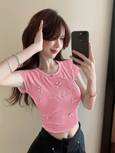 实拍 夏季新款韩版蝴蝶结字母刺绣减龄甜美短袖T恤上衣