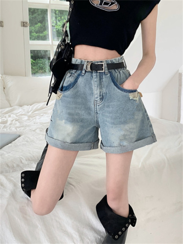 Real shot of distressed high-waist jeans for women 2024 new slim a-line pants summer hot girl shorts hot pants ins trend