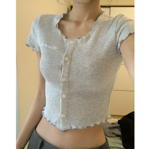 Gray retro fungus-trimmed right shoulder cardigan short-sleeved T-shirt for women summer design hot girl navel-baring short top trendy
