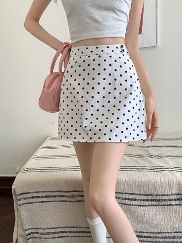 Actual shot of 2024 new summer polka-dot short skirt for women, high-waisted slim A-line skirt, pure cotton skirt to prevent exposure