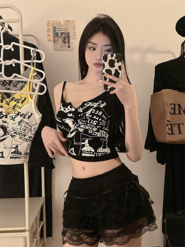 Real shot!  American printed camisole elastic outer wear short slim fit top with chest pads
