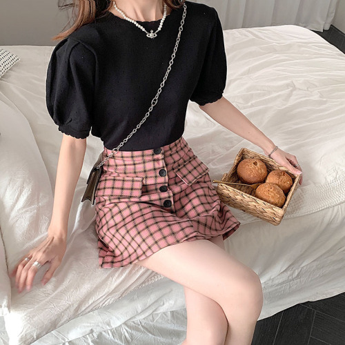 Real shot of plaid skirt for women, high waisted, single-breasted, slimming, retro A-line skirt, hip-covering skirt with lining