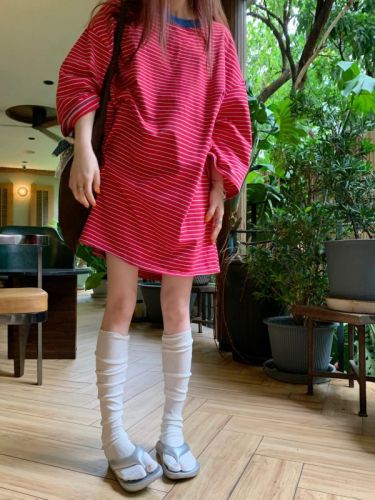Actual shot 2024~oversize boyfriend style striped short-sleeved/middle-sleeved long T-shirt dress