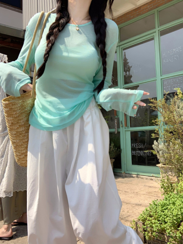 Real shot of mint green petite long-sleeved sun protection thin slightly see-through top straight lazy casual pants two-piece set