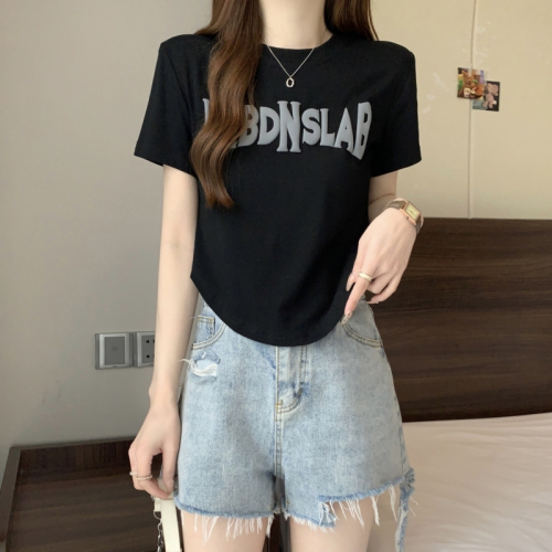 Real shot 40 count pure cotton 2024 summer new style letter foam printed short-sleeved T-shirt for women Iins trendy and versatile