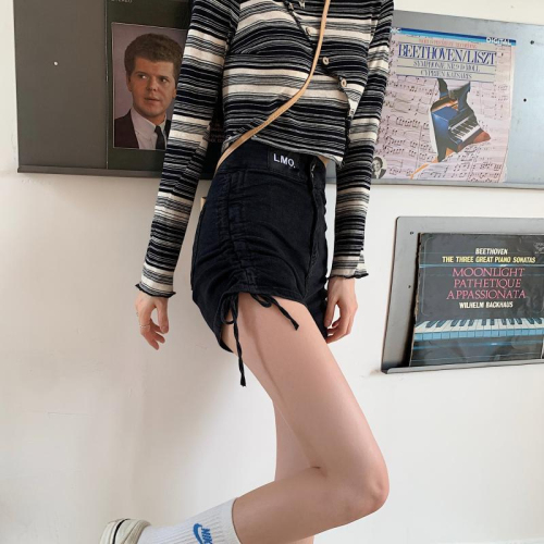 高腰牛仔短裤女夏季2024新款韩版抽绳设计感显瘦a字绑带包臀热裤