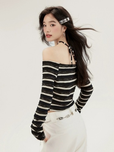 EPTISON striped T-shirt women's 2024 spring new retro halterneck off-shoulder hot girl short slim fit inner top