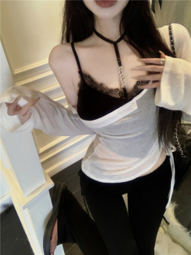 Real shot Pure Desire T-shirt suspender suit slightly see-through sexy sun protection blouse top