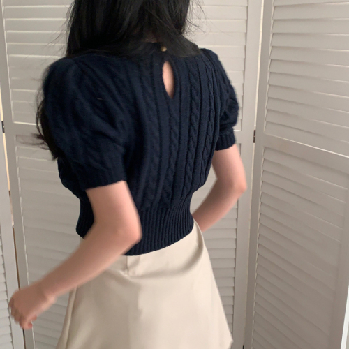韩国chic设计感纽扣泡泡袖复古麻花短袖冰丝薄针织上衣女