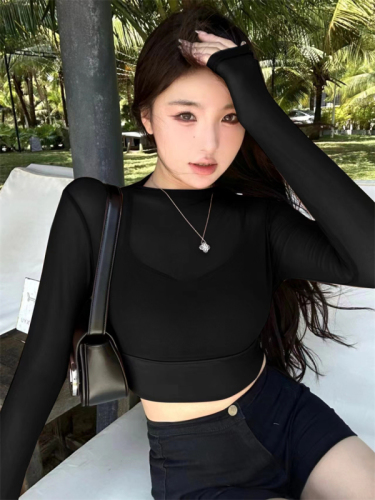 Real shot ~ Fake two-piece long-sleeved T-shirt for women, versatile, slim mesh, sports, running, casual fitness wear top