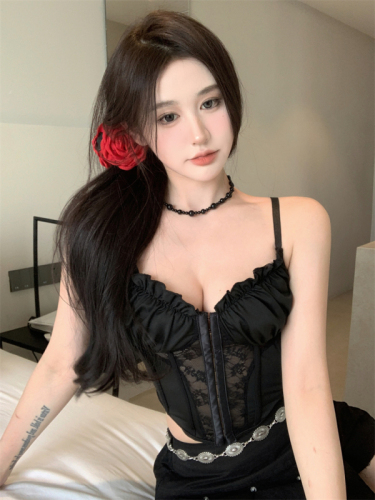 Real shot~Camisole top for women with spring and summer European and American ins niche slim-fitting fishbone lace tops for hot girls