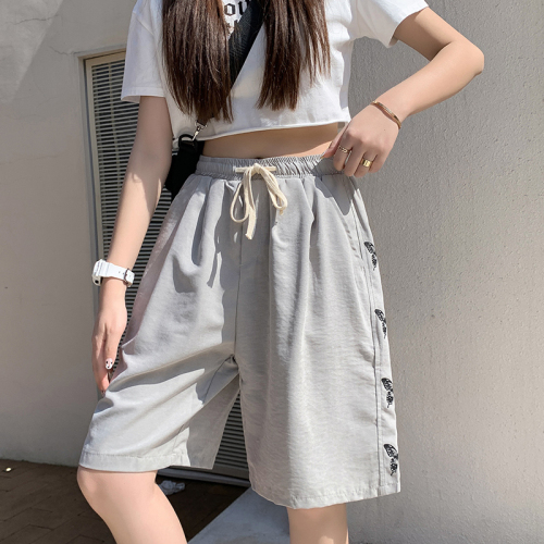Real shot summer Korean style loose street fashion brand high waist versatile overalls casual sports pants medium pants for women