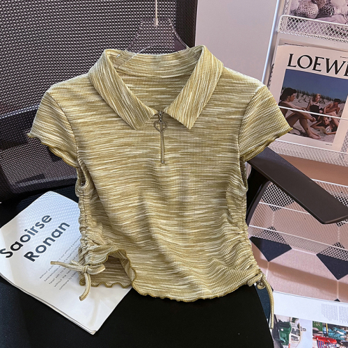 Actual shot of 2024 new summer style zipper polo collar design slim fit versatile short-sleeved T-shirt tops for women