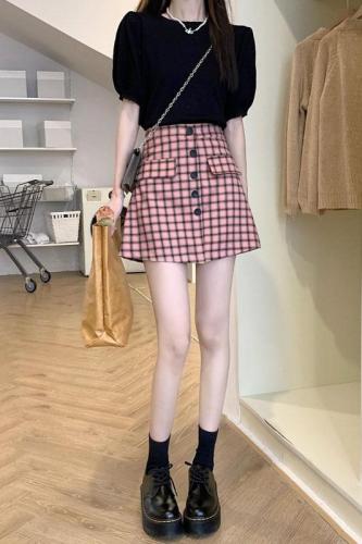 Real shot of plaid skirt for women, high waisted, single-breasted, slimming, retro A-line skirt, hip-covering skirt with lining