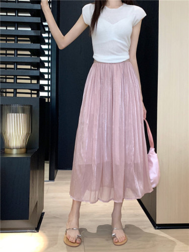 Actual shot of 2024 summer hot diamond streamer yarn skirt women's mid-length slimming large hem pleated A-line umbrella skirt