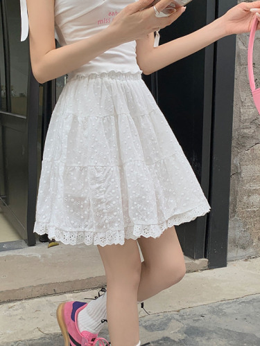 Actual shot of 2024 new summer white lace skirt for women high waist hollow jacquard A-line short skirt with big swing skirt