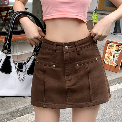 Brown denim short culottes for women 2024 summer new style high-waisted slim versatile workwear hot girl American culottes