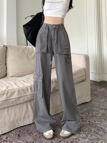 Real shot of American retro overalls, jeans, women's spring high-waisted straight wide-leg pants, loose long pants, trendy