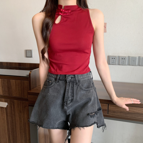 Real shot of large size summer new Chinese style Korean design vest slim round neck hot girl wearing suspender belt