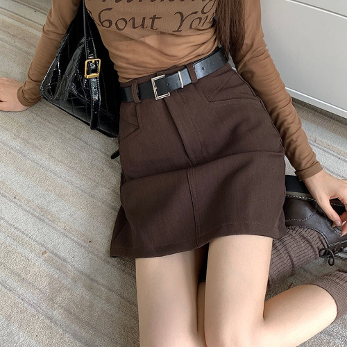 Actual shot of spring suit short skirt for women with high waist and slim hip skirt skirt for women with lining and belt