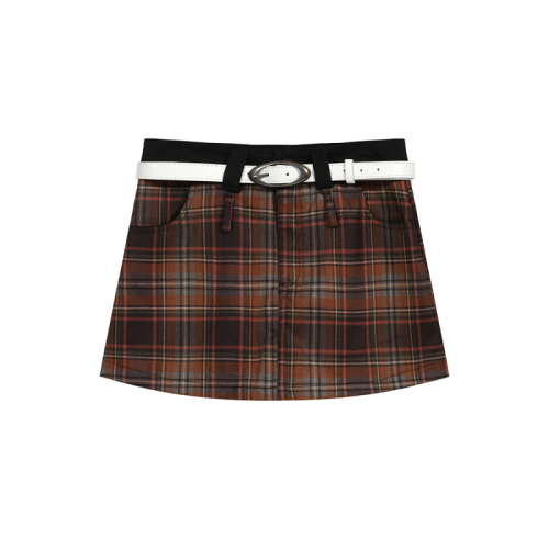 Actual shot of 2024 summer new style anti-exposure plaid hot girl belt splicing plaid skirt high-end female a-line skirt