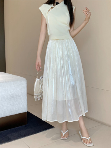 Actual shot of 2024 summer hot diamond streamer yarn skirt women's mid-length slimming large hem pleated A-line umbrella skirt