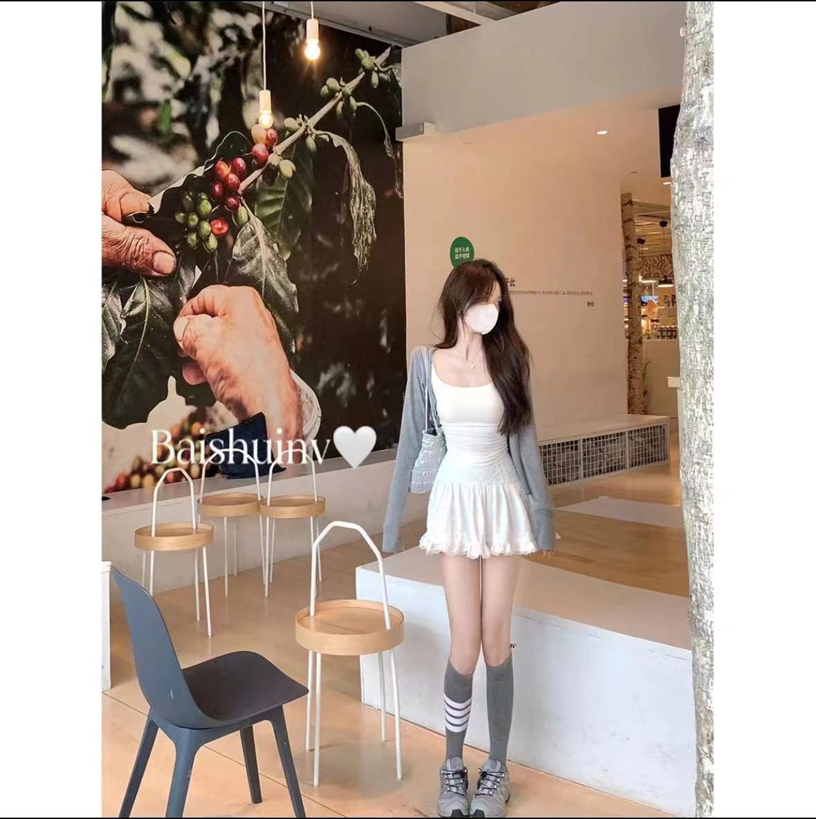 白水女 月光山茶花~夏季ins百搭顯瘦半身裙+吊帶+開衫