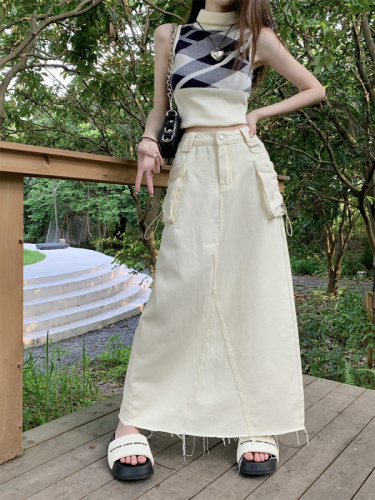 Actual shot ~ Retro American design pocket high waist slit drawstring work skirt for women mid-length skirt