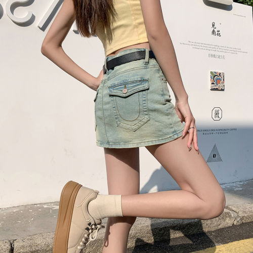 Real shot of denim skirt for women 2024 summer new high-waist elastic anti-exposure hot girl hip-covering short skirt