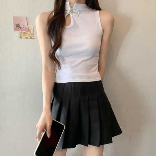 Real shot of large size summer new Chinese style Korean design vest slim round neck hot girl wearing suspender belt