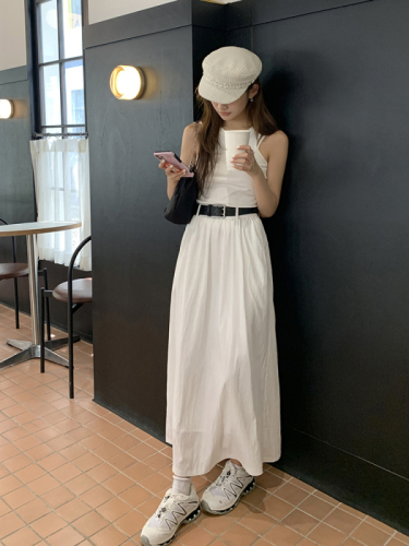 Actual shot of 2024 summer new style high-waisted slim white mid-length skirt with feminine temperament and versatile a-line long skirt