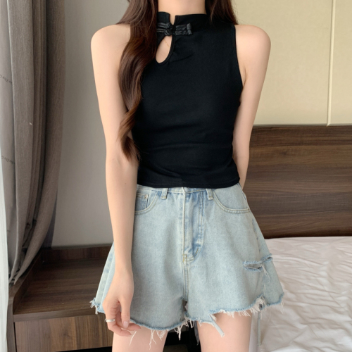 Real shot of large size summer new Chinese style Korean design vest slim round neck hot girl wearing suspender belt