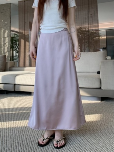 Actual shot of the new Korean style high-waisted slimming and versatile acetate satin super drape midi skirt