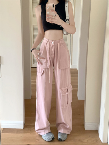 Real shot of American retro overalls, jeans, women's spring high-waisted straight wide-leg pants, loose long pants, trendy