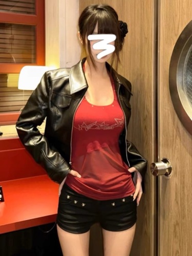 甜酷撞色拼接挂脖背心春装女2024年新款女上衣高级烫钻红色小衫潮