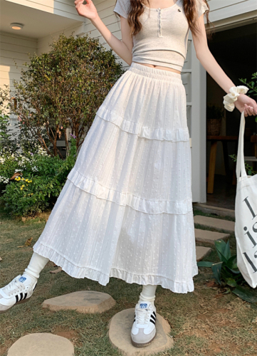 Actual shot ~ Gentle style sweet cake skirt for women high waist A-line ear hem splicing mid-length skirt umbrella skirt