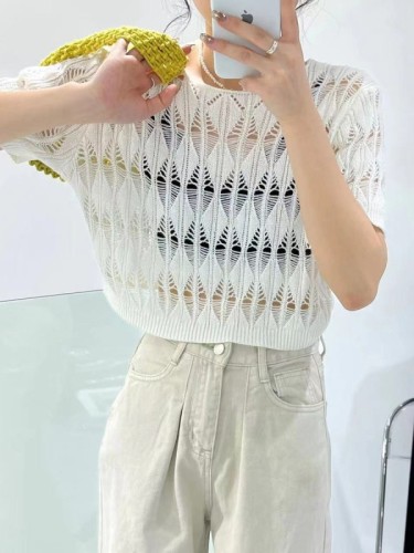 天猫品质薄款镂空小众设计感短袖上衣夏季新小个子显瘦针织衫