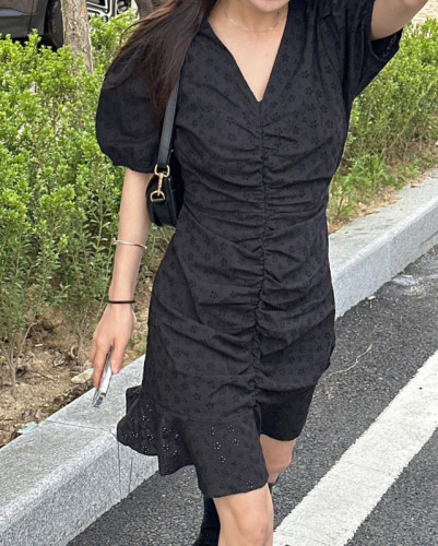 More sizes Korean chic summer V-neck embroidered flower strap waist small ruffle dress