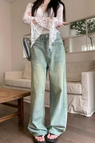 Actual shot~Large size high-waist slim denim trousers for women washed versatile wide-leg floor-length trousers