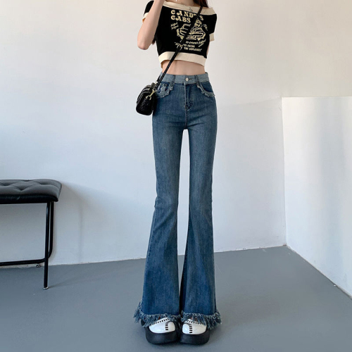 Micro-lagging jeans for women spring and summer 2024 new retro blue fur-edge horseshoe pants tight high-waisted fringed flared pants
