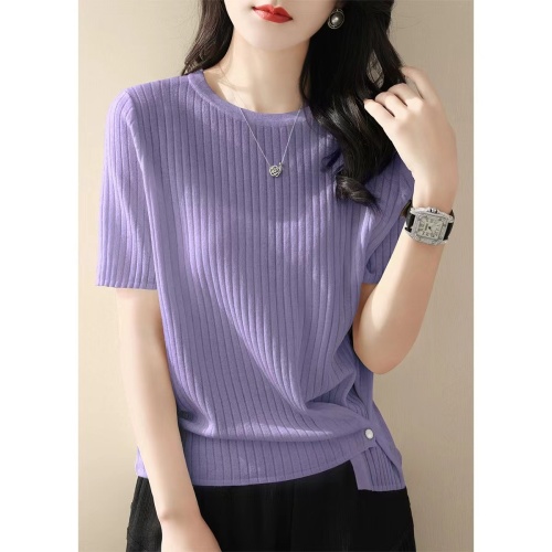 新款2024夏季高级紫色圆领短袖T恤上衣女装宽松亮丝针织打底衫薄